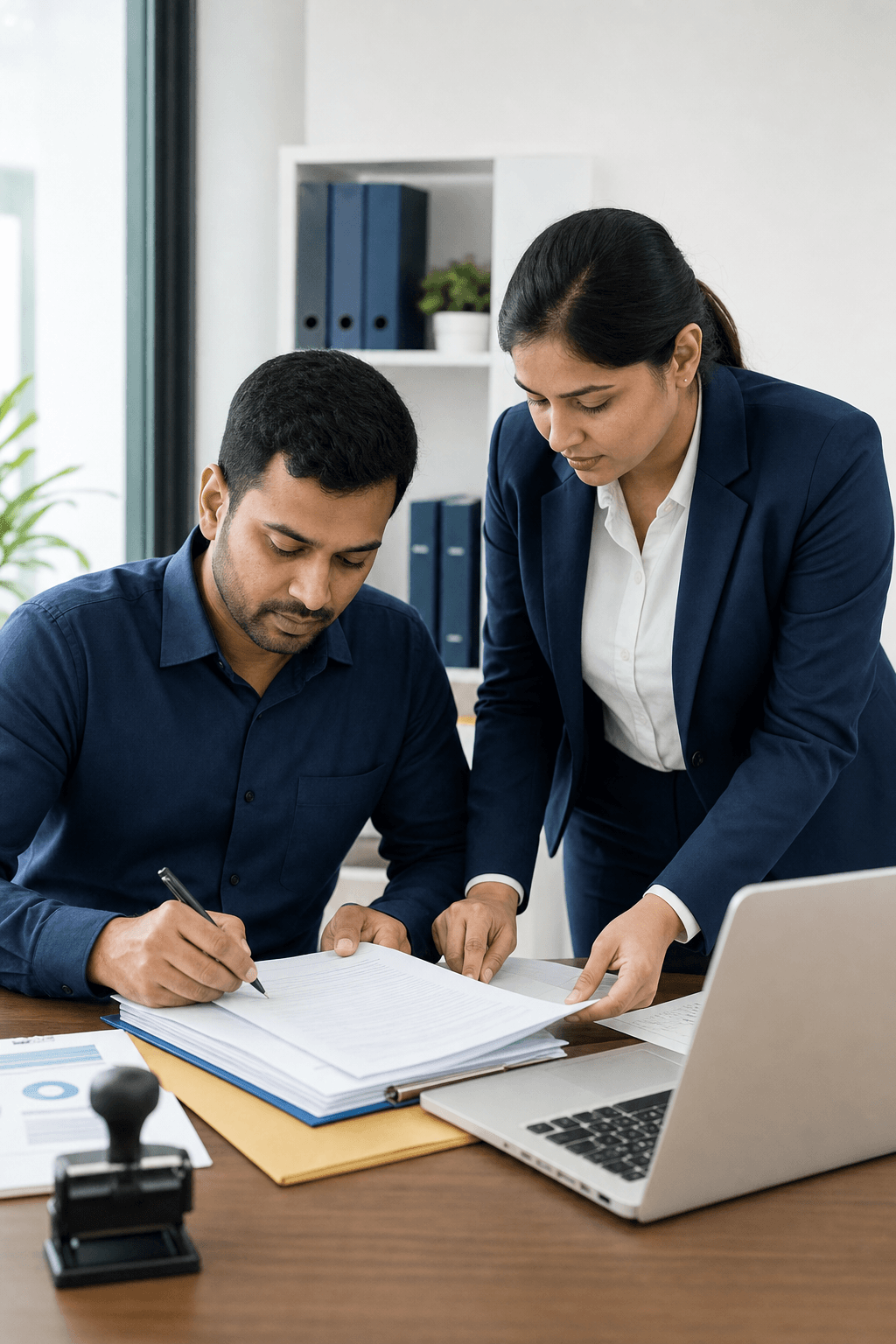 VentureLink advisors preparing a project report and application file with care