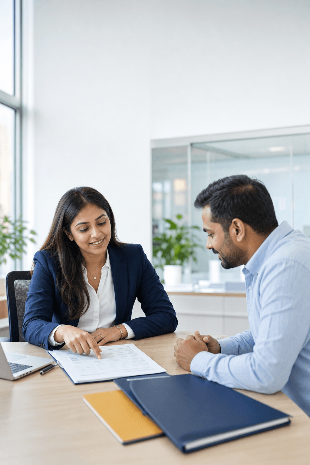 An advisor explaining government funding scheme options to a business owner